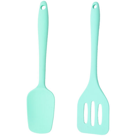 Lot de 2 mini ustensiles de cuisine en silicone Petits ustensiles de cuisine Batterie de cuisine antiadhésive avec trou de suspension Pelle en T + pelle qui fuit (vert)