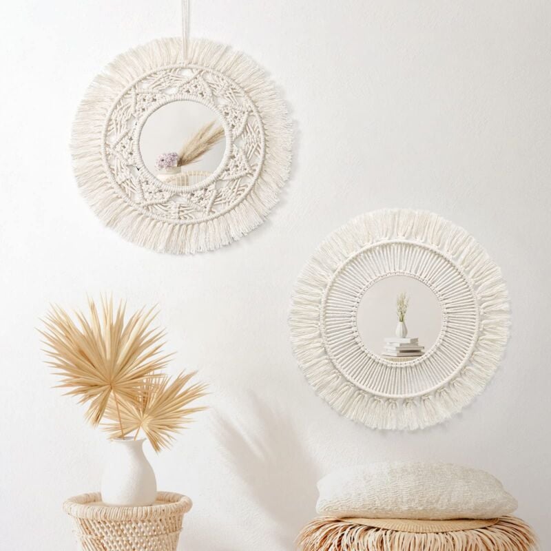 Lot de 2 Miroir Mural Macramé Rond Miroir Muraux avec Frange Suspendu Miroir Pendentif Art Ornement Boho Decor pour Appartement Maison Chambre