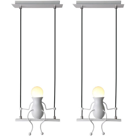 Lot de 2 Moderne Suspension Créatif Poupée Fer Gens Balançoire Enfants Lampe suspendue Salon Chambre Créative Lumière (Blanc)