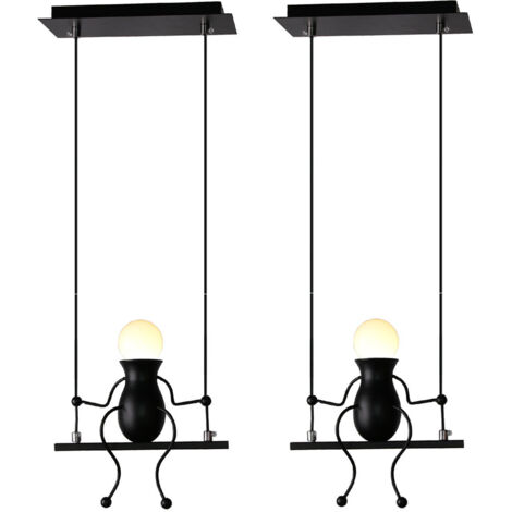 Lot de 2 Moderne Suspension Créatif Poupée Fer Gens Balançoire Enfants Lampe suspendue Salon Chambre Créative Lumière (Noir)