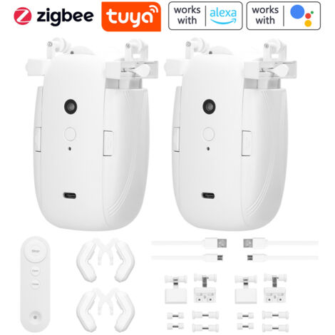 Lot de 2 moteurs de rideaux intelligents Tuya ZigBee 3 en 1, ouverture automatique, contrôle à distance, minuterie, capteurs température-luminosité, adaptés tringles I, U, romaines