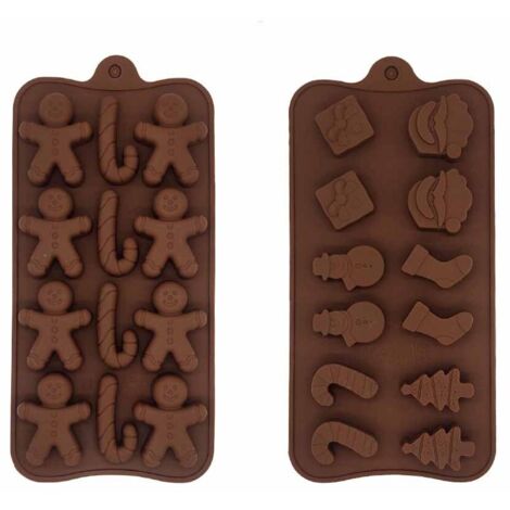 Lot de 2 moules en silicone moule noel silicone pour chocolat, gelée, cire fondue en forme de bonhomme de neige, chaussettes, Père Noël, sapins de Noël et pain d'épices