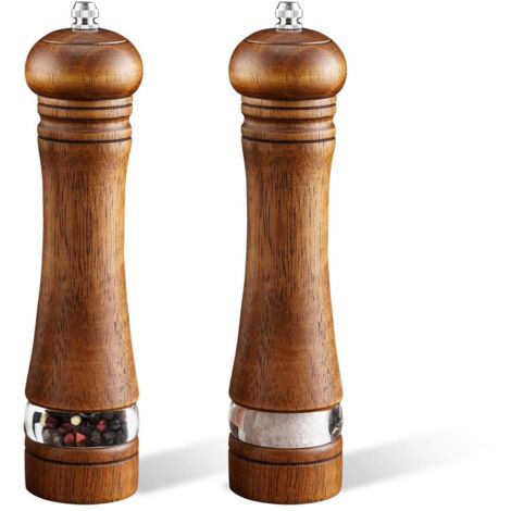 Lot de 2 moulins à sel et à poivre en bois de 20,3 cm avec mouture réglable, rechargeable, pour cuisiniers à la maison (marron)