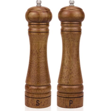 Lot de 2 Moulins à Sel et Poivre en Bois 20 cm, Mécanisme Céramique Réglable, Design Naturel, Pour Cuisine et Table, Moulin à Épices