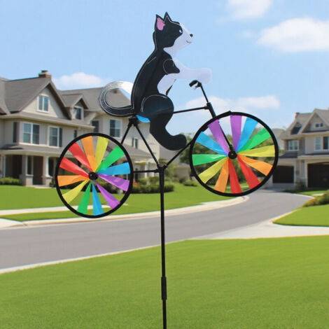 Lot de 2 moulins à vent 3D en forme de vélo, résistants aux intempéries, pour chiens, chats, jardins, pelouses, arc-en-ciel (chat noir)