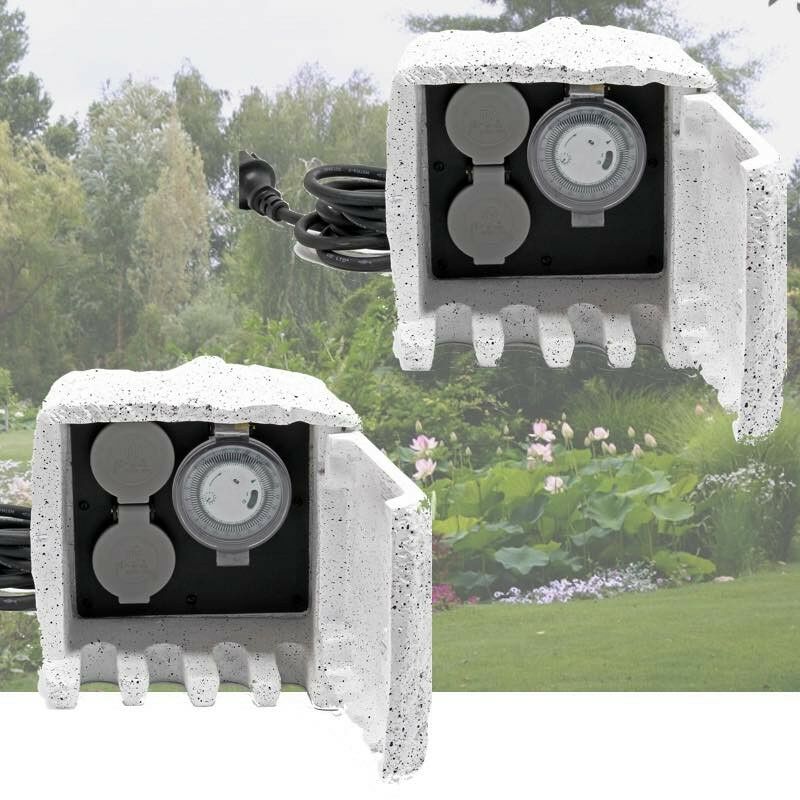 Lot de 2 : Multiprise étanche 2 Prises et 1 Minuterie pour bassins de jardin, massifs de fleurs - Blanc