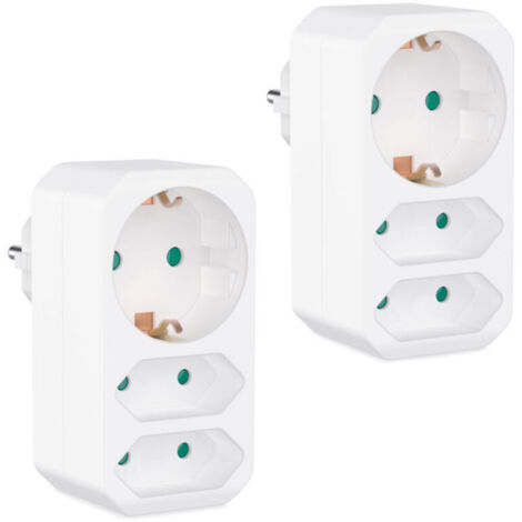Lot de 2 multiprises blanches - Adaptateur de prise avec sécurité enfant - Double prise 3680 W - Multiprise triple - Prises multiples : 2 Euro et 1 Schuko - Prise avec contact de terre