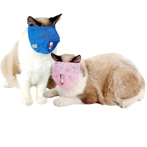 Lot de 2 - Muselière pour chat - Accessoire de toilettage - Réglable et respirante - Anti-ingestion pour extérieur - Rose et Bleu