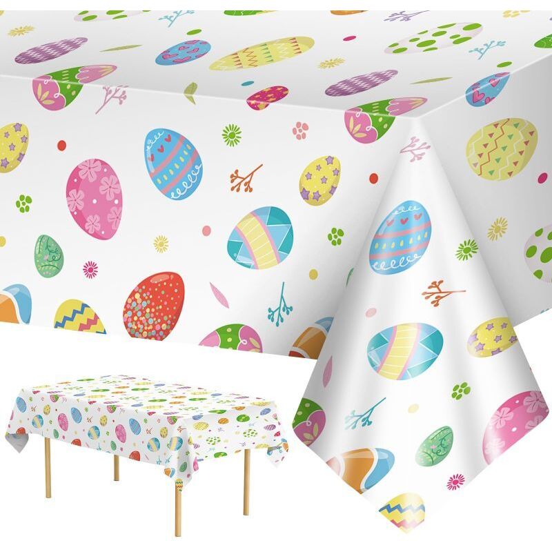 Lot de 2 nappes de Pâques, motifs d'œufs de Pâques colorés, nappes rectangulaires jetables en plastique, 274 x 137 cm