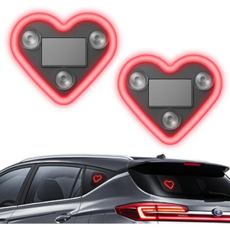 Lot de 2 Néons LED Solaires en Forme de Cœur, Éclairage D'ambiance pour Voiture, Sans Fil, avec Capteur de Vibrations et D'éclairage, Décoration Intérieure Romantique pour Voiture (Rouge)