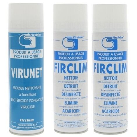 Lot de 2 nettoyants Virunet mousse et Firclim spray – Bactéricide, fongicide, virucide – Pour climatiseurs et surfaces – Effet durable 3 mois – Firchim