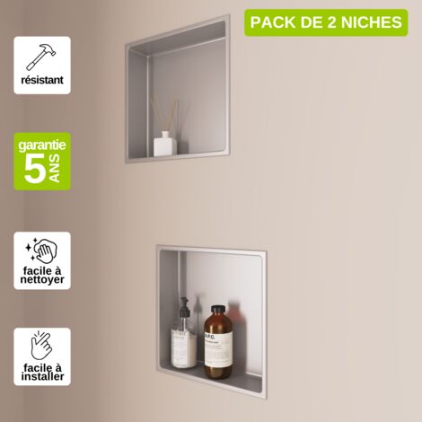 Lot de 2 Niches de Douche 30x30cm - Rangements muraux de Salle de Bain - Gris Satiné - NOOK