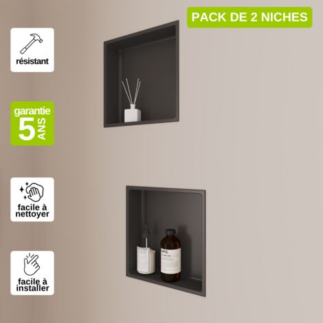 Lot de 2 Niches de Douche 30x30cm - Rangements muraux de Salle de Bain - Noir Satiné - NOOK