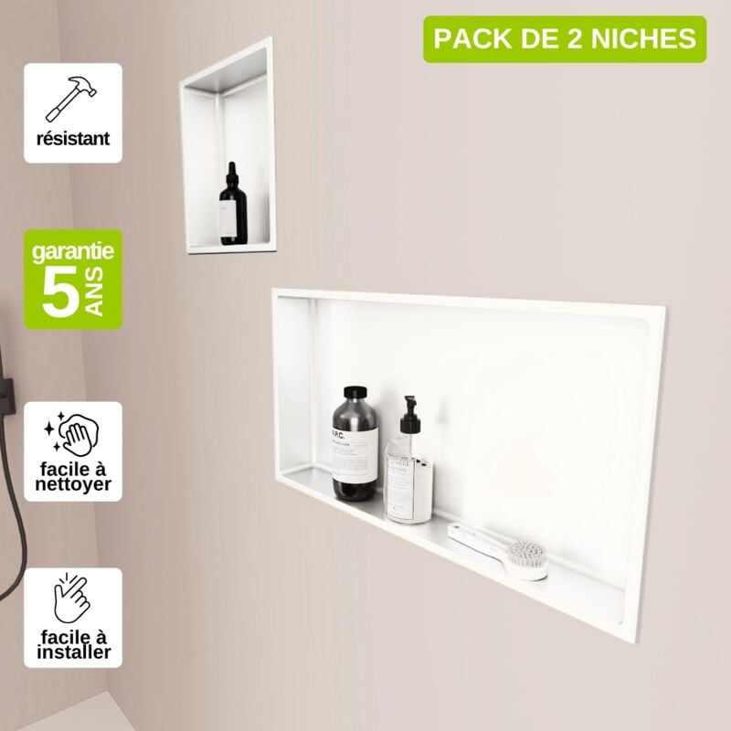 Lot de 2 Niches de Douche, Rangement mural de Salle de Bain et Douche 30x30cm + 30x60cm Blanc Satiné, nook by sanizéo