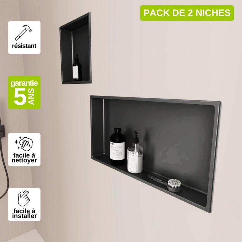 Lot de 2 Niches de Douche, Rangement mural de Salle de Bain et Douche 30x30cm + 30x60cm Noir Satiné, nook by sanizéo