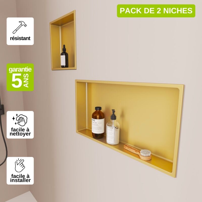 Lot de 2 Niches de Douche, Rangement mural de Salle de Bain et Douche 30x30cm + 30x60cm Or Satiné, nook by sanizéo