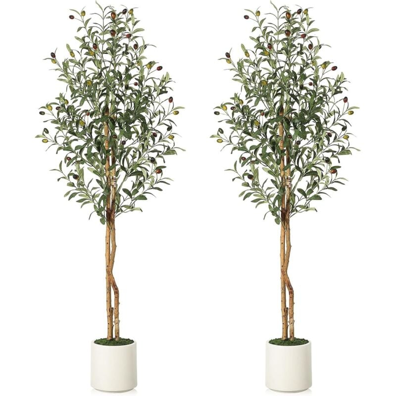 Lot de 2 oliviers artificiels - 150 cm - Avec pot blanc - Vert - Décoration pour la maison, la chambre à coucher, le bureau, le jardin, le salon