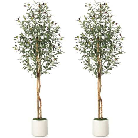 Lot de 2 oliviers artificiels - 150 cm - Avec pot blanc - Vert - Décoration pour la maison, la chambre à coucher, le bureau, le jardin, le salon