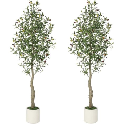 Lot de 2 oliviers artificiels de 180 cm avec pot blanc pour plantes artificielles grandes, maison, salon, chambre à coucher, bureau - Décoration moderne - Cadeau de pendaison de crémaillère