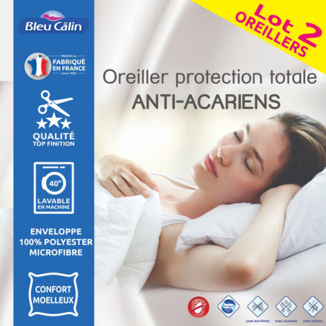Lot de 2 Oreillers 60 x 60 cm Protection totale Anti-Acariens Univers Décor