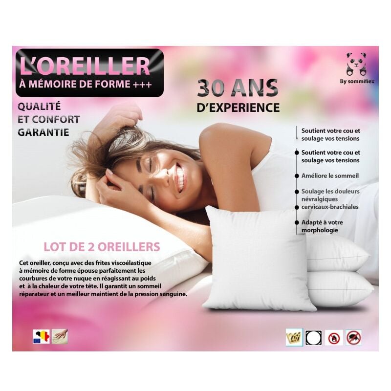 Bysommiflex - Lot de 2 oreillers 60x60 memoire de formespécial cervicalesgarantie à vie