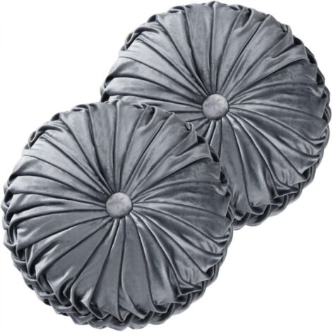 Lot de 2 oreillers ronds, 38 x 38 cm plissés, coussins de sol en velours vintage déco pour la maison canapé chaise lit, gris foncé (ondulation)