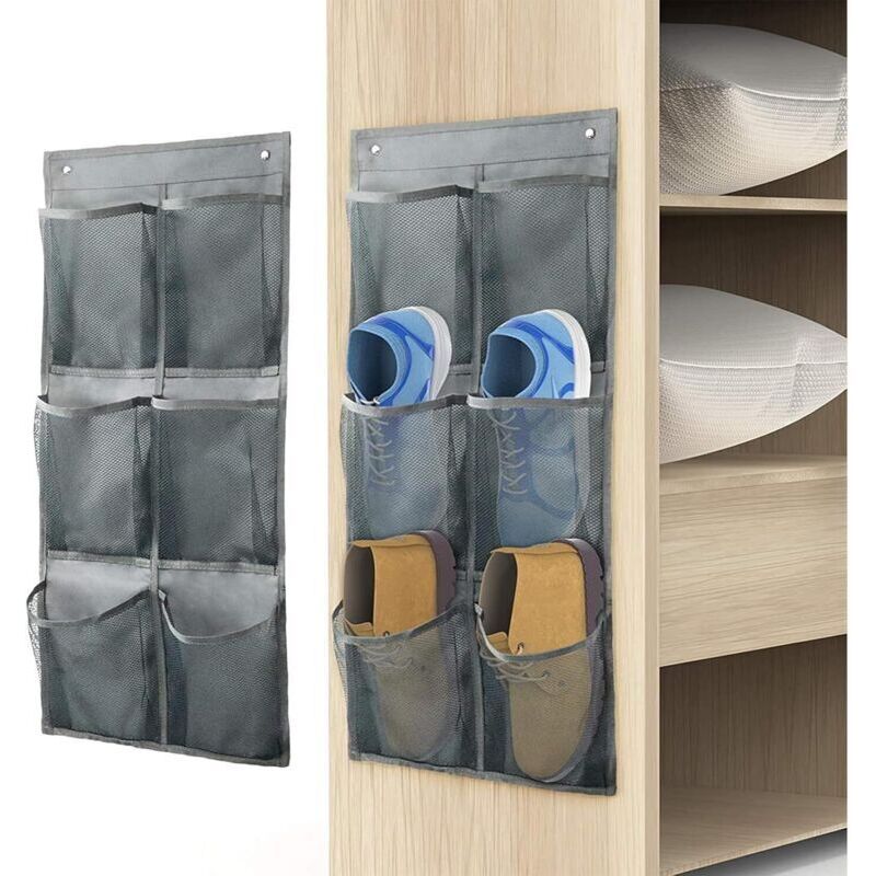 Lot de 2 organiseurs à chaussures avec crochets, pliables, 12 grandes poches profondes, en tissu, pour placard et porte étroite, gris