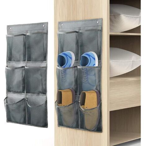 Lot de 2 organiseurs à chaussures avec crochets, pliables, 12 grandes poches profondes, en tissu, pour placard et porte étroite, gris
