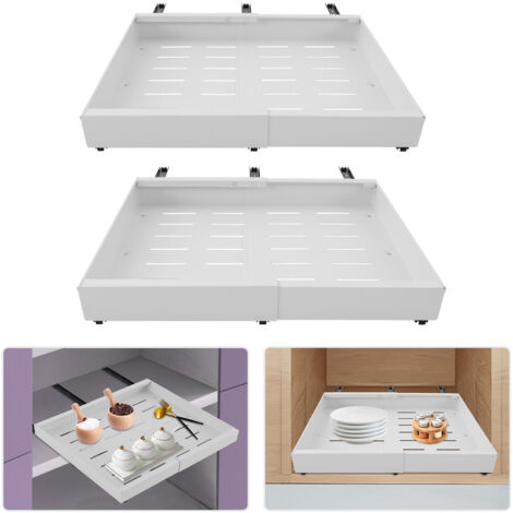 Lot de 2 organiseurs coulissants pour armoires avec rehausse pour armoires à cadre, tiroirs coulissants extensibles, 3 rails coulissants améliorés, largeur réglable de 32 à 52 cm, blanc