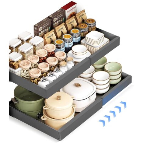 Lot de 2 organiseurs d'armoire extensibles - Tiroir télescopique pour équiper Pas perçage ni clouage nécessaire à tirer Largeur réglable la cuisine, salle bain, le salon Gris