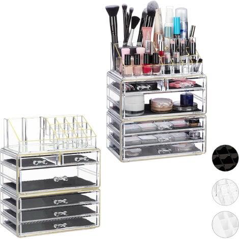 Lot de 2 organiseurs de Cosmétiques, 6 Tiroirs, 22 Casiers, Rangement, Make-Up, Tour à Maquillage, Acrylique, doré