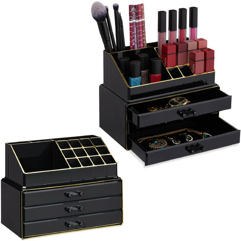 Lot de 2 organiseurs de maquillage, boîte rangement Make up avec tiroirs, support empilable, noir/or