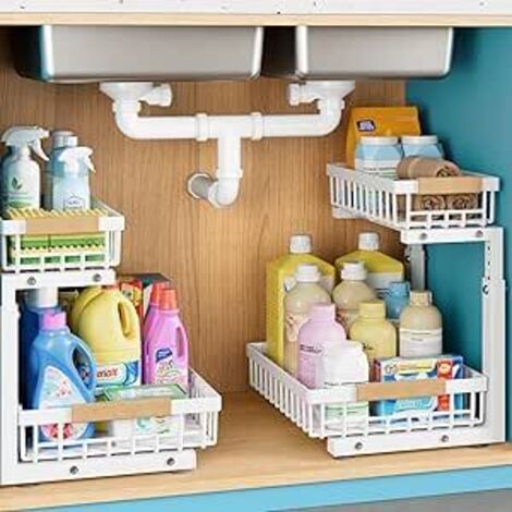 Lot de 2 organiseurs de rangement sous évier en métal à 2 niveaux - Rangement coulissant et organisation de cuisine multifonction pour cuisine, salle de bain (blanc)