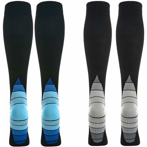 Lot de 2 Paires Chaussettes de Compression Contention pour Hommes et Femmes, pour Running, Sport, Cyclisme, Voyage en Avion et Grossesse de Maternité, Récupération (L, Bleu+Gris)