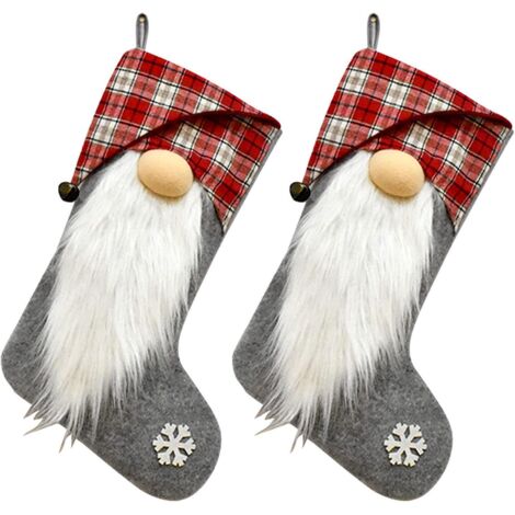Lot de 2 paires de chaussettes de Noël en flanelle de 45 cm de large, motif nains, Père Noël, sac cadeau, cheminée, décoration intérieure - Rouge