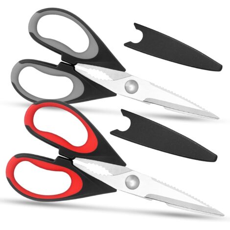 Lot de 2 paires de ciseaux de cuisine en acier inoxydable avec housse de sécurité - Poignée souple - Multi-usages - Robustes - Rouge/gris