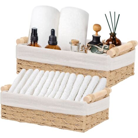 Lot de 2 Panier de Rangement, Corbeille Tressé Rectangulaire Panier Rangement Salle de Bain Panier de Rangement Tissé en Corde de Papier Grand+Petit avec Anse pour Salle de Bain, Salon (Beige)