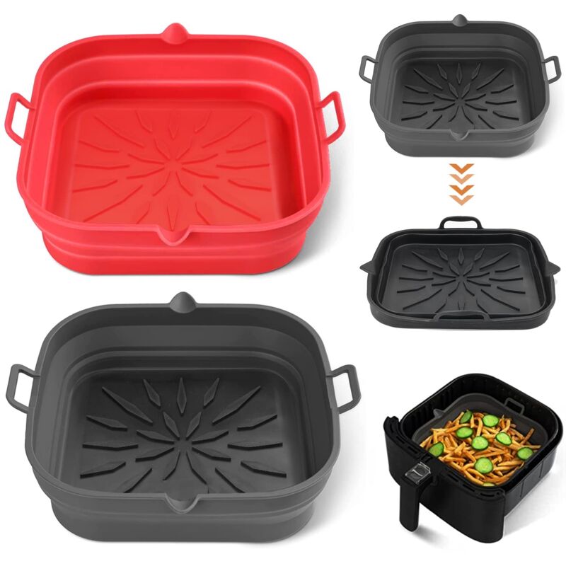 Lot De 2 Panier en Silicone Accessoires de Friteuse 20 Cm,Pliable Panier Silicone Air Fryer,Carré Plat Silicone Air Fryer,Réutilisable Moule Silicone