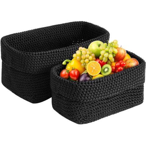 Lot de 2 paniers à crochet noirs - Rectangulaires - En fibre synthétique - Panier tressé - Panier de rangement pour chambre à coucher, salle de bain et bureau