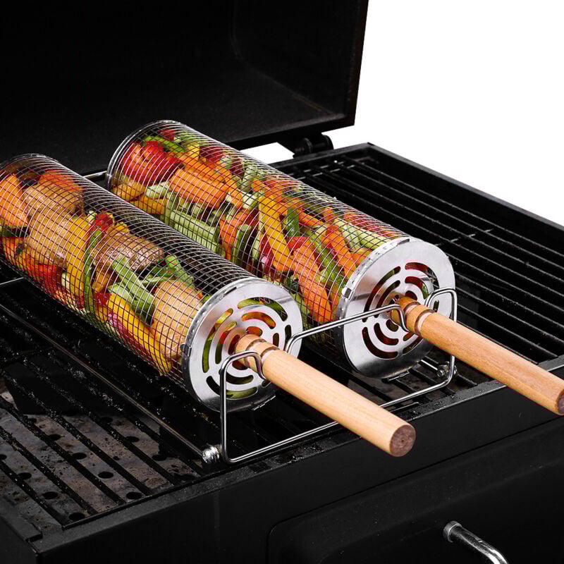 Lot de 2 paniers à griller roulants pour grillades en plein air, légumes, frites, viande, poisson et crevettes