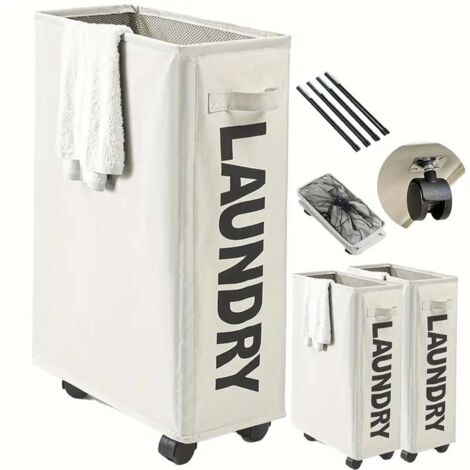 Lot de 2 paniers à linge pliables fins avec support – corbeilles hautes minces beige, organisateur vêtements sales pour buanderie, chambre et maison