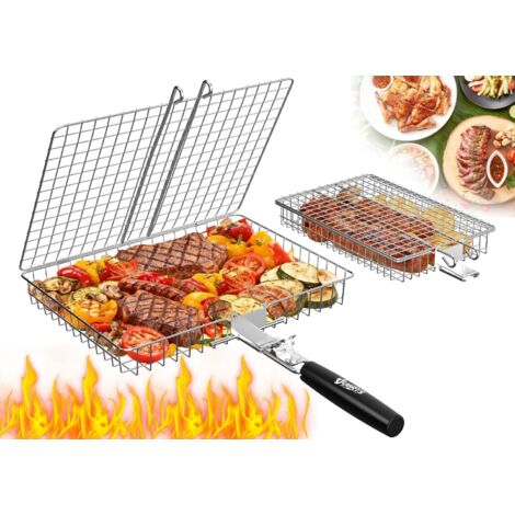 Lot de 2 paniers barbecue pour en acier inoxydable avec poignée bois amovible - Accessoires la viande, le poisson, les légumes, fruits mer, cadeaux homme