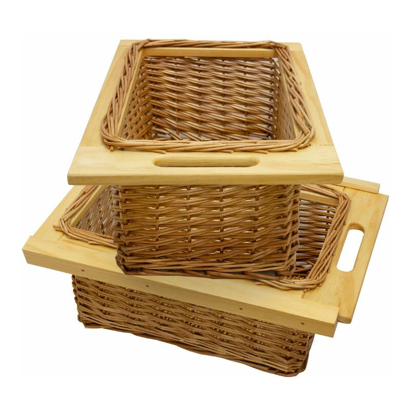 Lot de 2 Paniers de Rangement Coulissants en Pin pour Cuisine, Salle de Bain, Chambre, Penderie - 400 mm / 40 cm Brun Solide Jusqu'à 10Kg Design