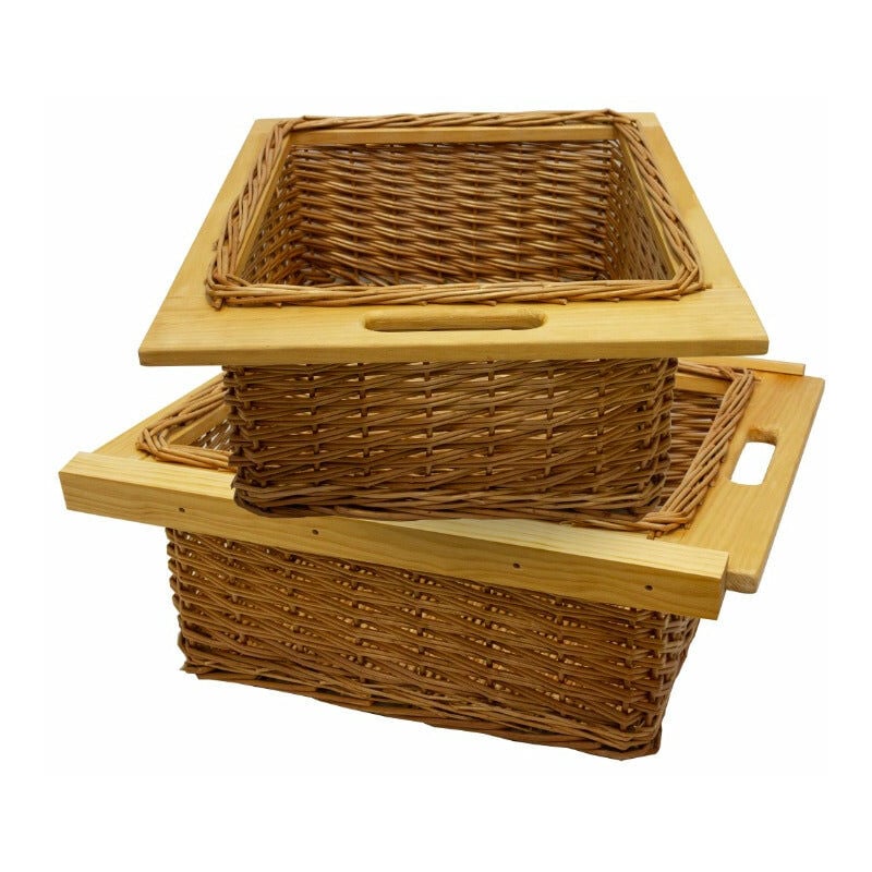 Kukoo - Lot de 2 Paniers de Rangement Coulissants en Pin pour Cuisine, Salle de Bain, Chambre, Penderie - 500 mm / 50 cm Brun Solide Jusqu'à 10Kg