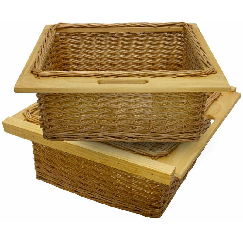 Kukoo - Lot de 2 Paniers de Rangement Coulissants en Pin pour Cuisine, Salle de Bain, Chambre, Penderie - 600 mm / 60 cm Brun Solide Jusqu'à 10Kg