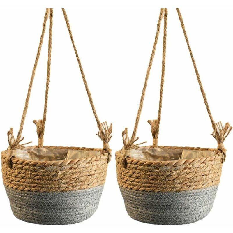 Lot de 2 paniers de fleurs suspendus en corde de jute pour pots de fleurs à suspendre-Gris