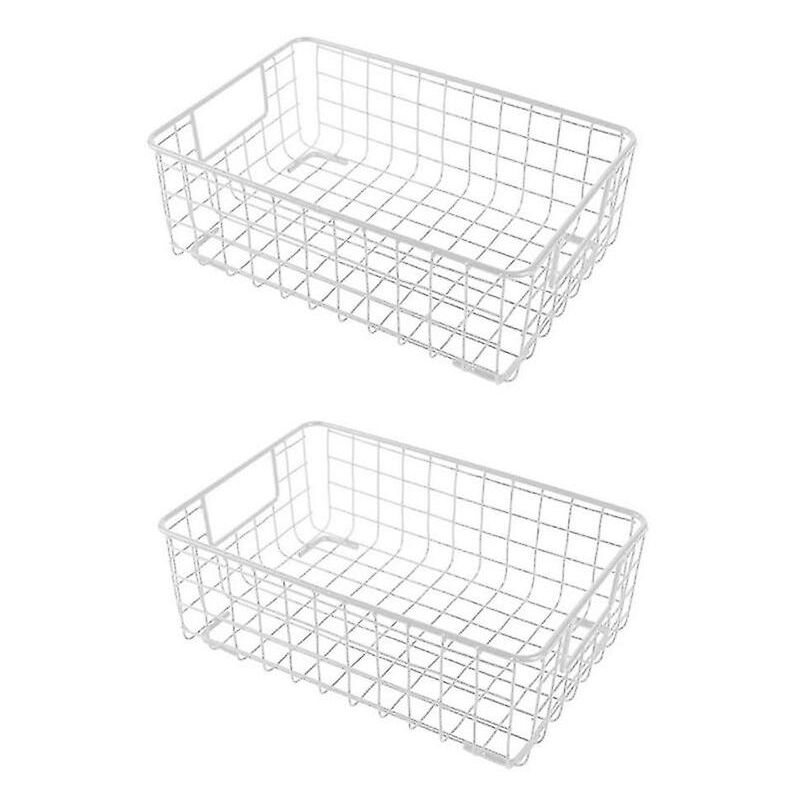Lot de 2 paniers de rangement en fil métallique avec poignée en fer forgé pour articles divers, pour cuisine, blanc