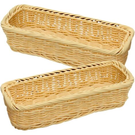 Lot de 2 paniers de rangement en jonc de mer, en plastique, longs et étroits, de forme rectangulaire, pour étagères de chambre, salon ou salle de bain, pots à couverts et épices, couleur beige.