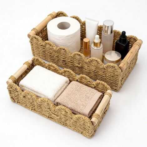 Lot de 2 paniers de rangement tressés avec poignées en bois, paniers de rangement pour papier toilette, décoration, table à langer, panier pour salle de bain, cuisine, salon, bureau (marron)