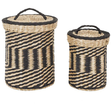 Lot de 2 paniers de rangement tressés – Couvercle à anse – Dimensions 22x26 cm et 17x20,5 cm – Matière jonc de mer et métal – Linnea